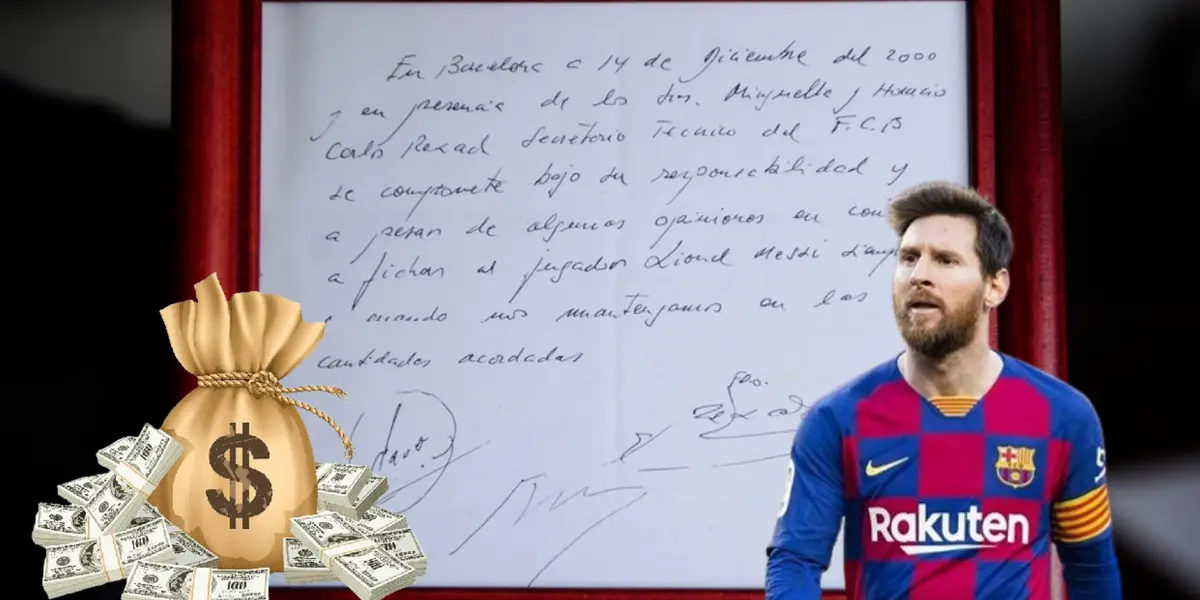 Servilleta con el primer contrato de Messi con Barcelona y Lio | Foto: Diario Olé 